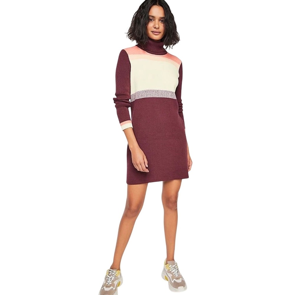 Free People Winter Break Colorblock Turtleneck Long Sleeve Sweater Dress Sz S